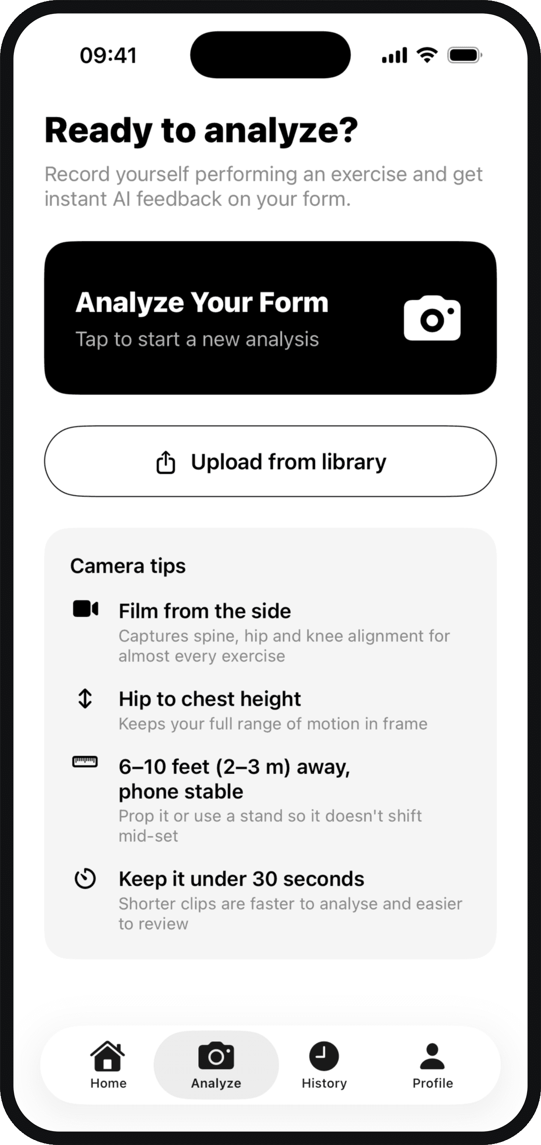 GymForm's Ready to analyze screen with camera tips for filming your set