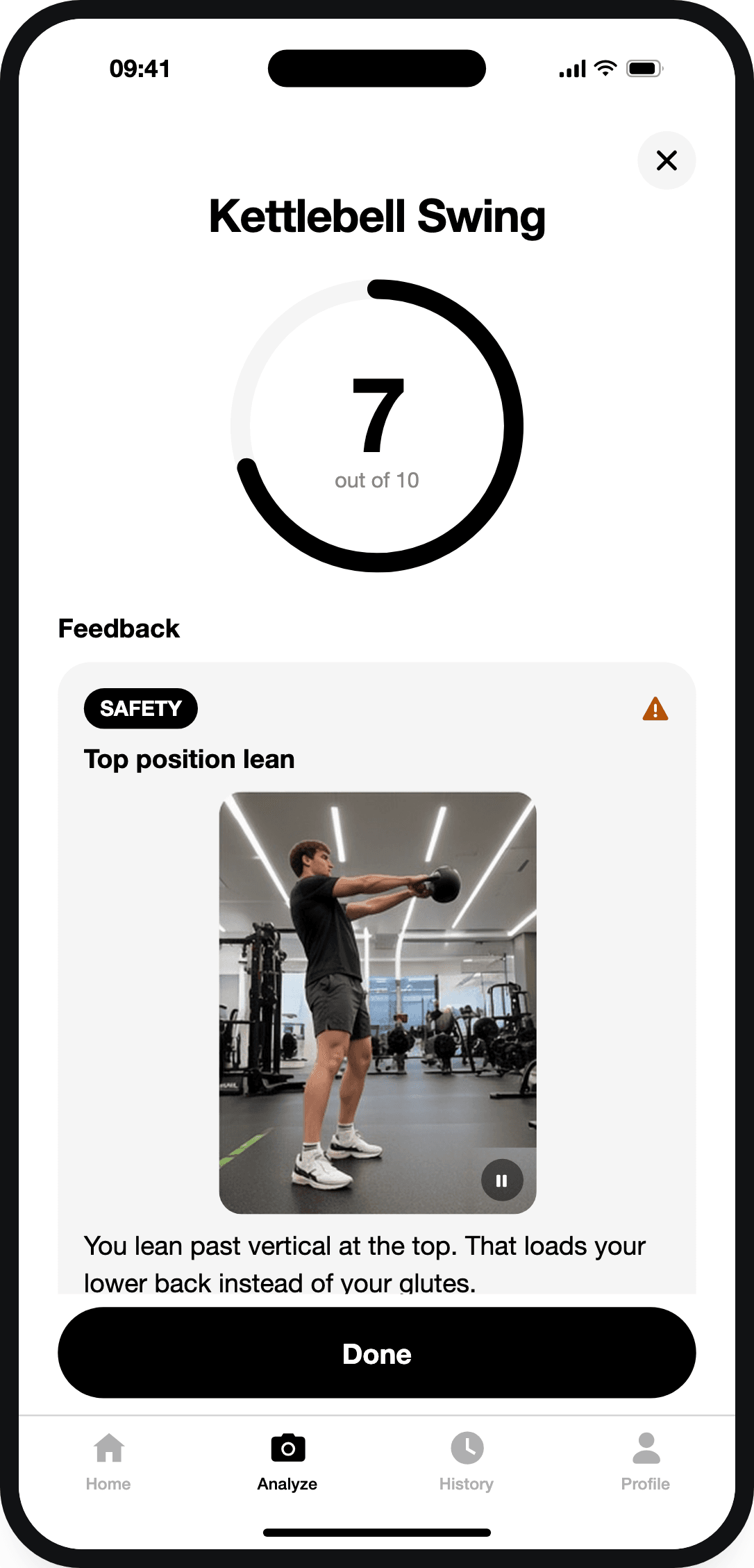 GymForm kettlebell swing feedback with a looping clip highlighting top position lean