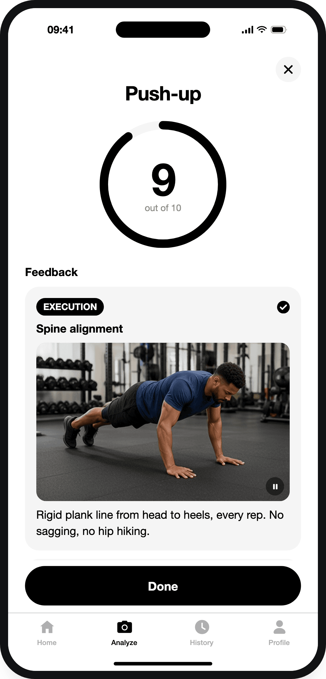 GymForm push-up feedback with a looping clip highlighting spine alignment